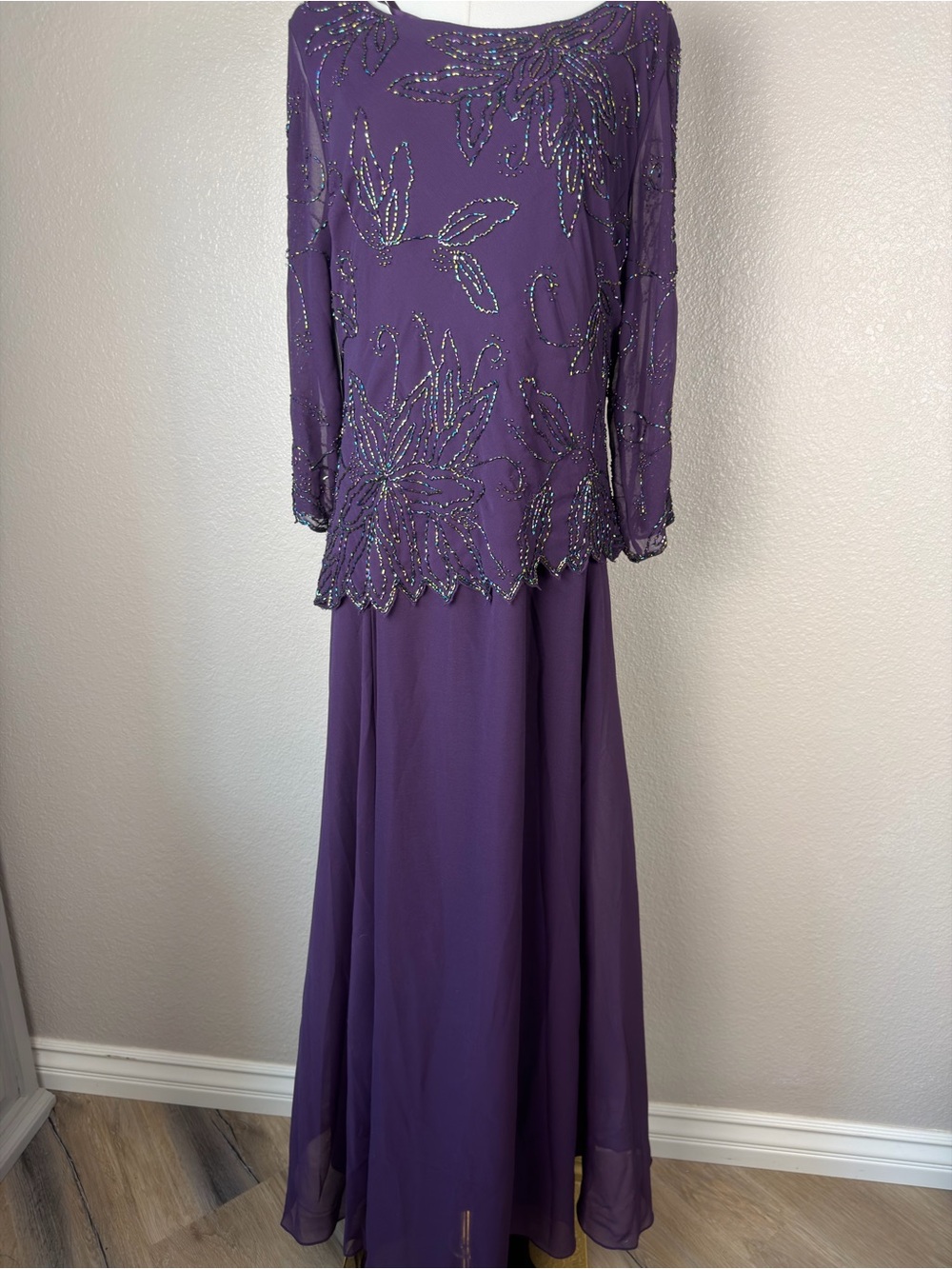 J Kara Purple Beaded Floral Embellished Maxi Gown